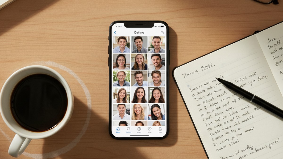 Overhead view of smartphone showing dating app profiles on a desk with coffee and notebook