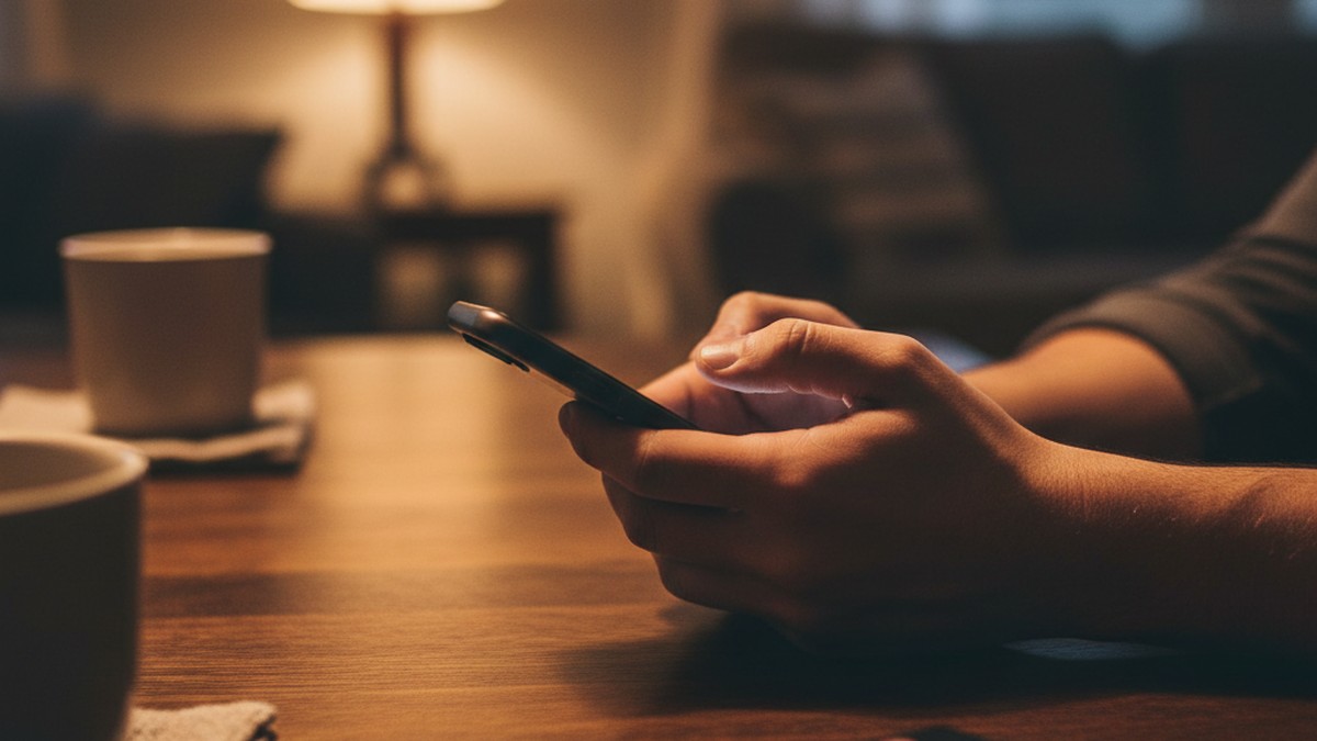 Close-up of hands holding phone face-down on a table, guarding the screen from being seen