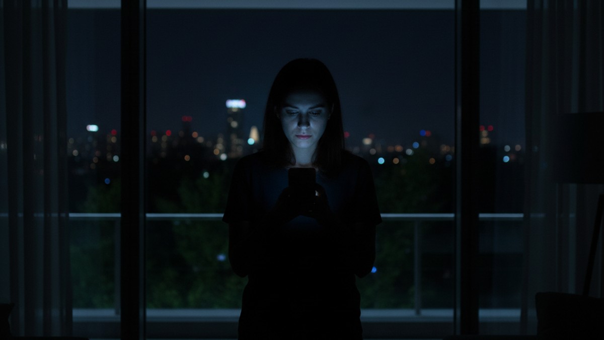 Person silhouetted at window at night, phone glow visible, conveying secretive late-night phone use