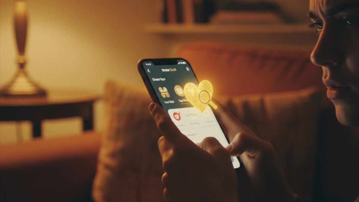 Person examining phone screen for Tinder Gold indicators