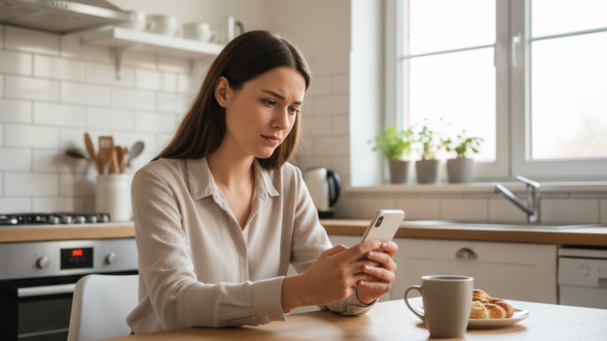 Woman sitting at kitchen table looking thoughtfully at her phone after checking partner's Tinder profile