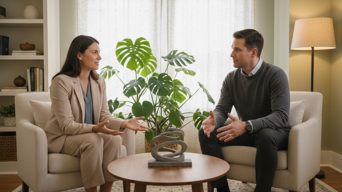 Two people in couples therapy session, rebuilding trust through structured conversation