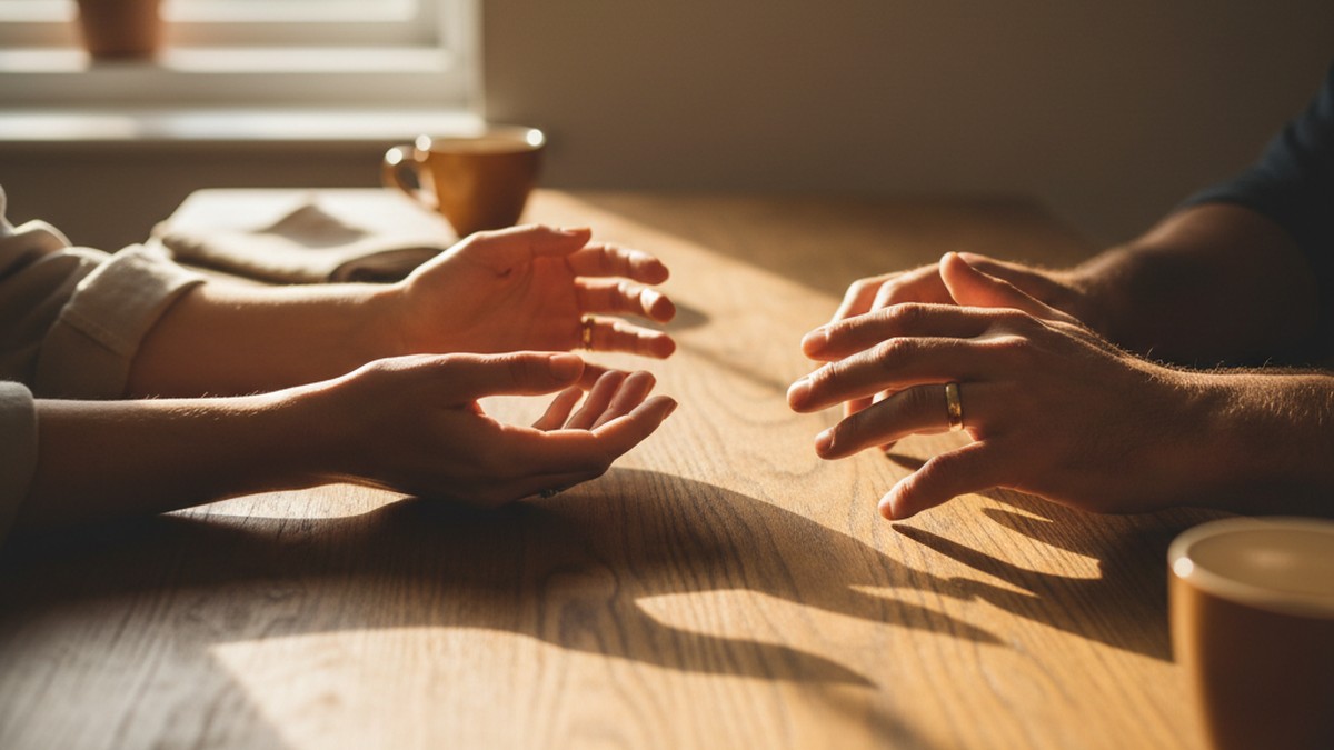 Two sets of hands resting close together on a table, representing cautious reconnection after infidelity