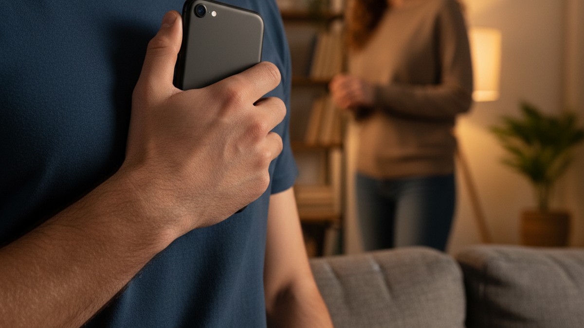 Man hiding phone against his chest while partner looks on with concern