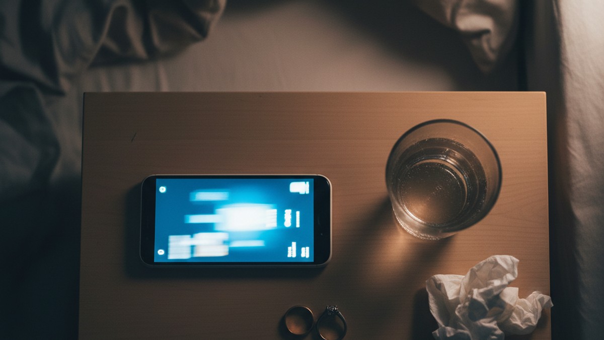 Overhead view of nightstand with phone and wedding ring revealing secret dating app use