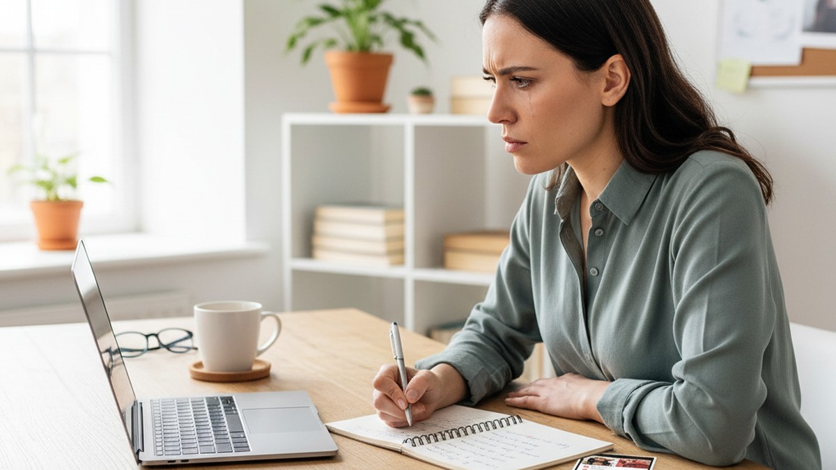 Woman researching at laptop to confirm husband cheating on Tinder