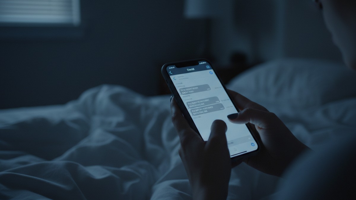 Woman holding smartphone at night reviewing unanswered messages, illustrating suspicious phone behavior when husband works late