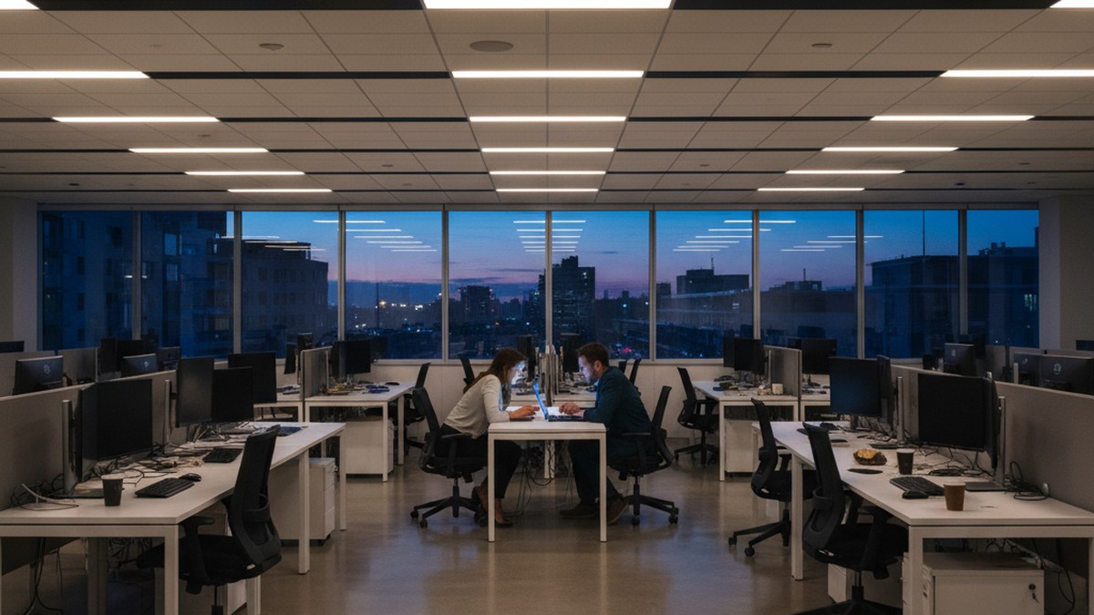 Two colleagues working late together in an empty office at dusk, illustrating how workplace affairs develop through proximity