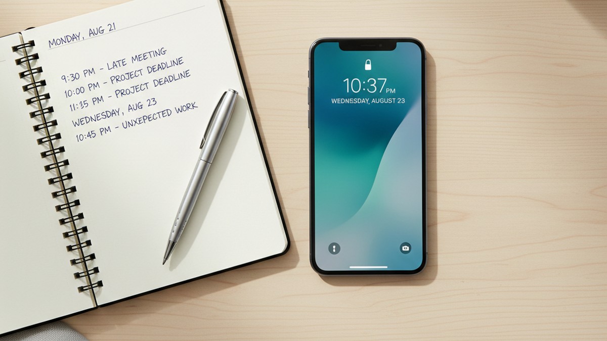 Overhead view of notebook with dates and times recorded alongside a smartphone, illustrating pattern documentation when husband working late excuses seem suspicious