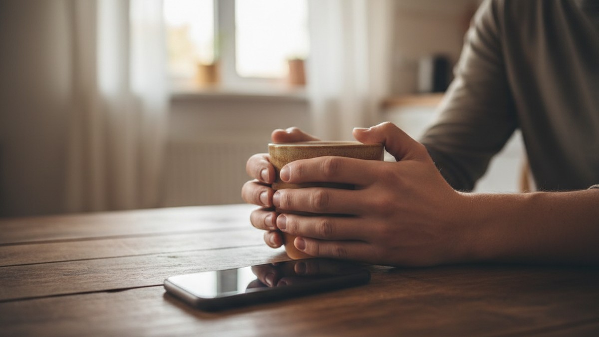 Person's hands wrapped around an untouched coffee mug, phone face-down on the table — a sign of emotional distress after infidelity