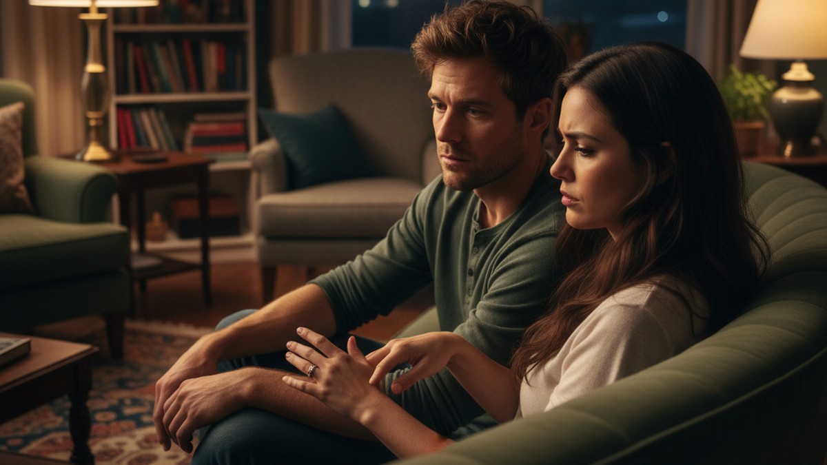 A couple sitting close on a couch with emotional ambiguity — the intense closeness of the hysterical bonding phase after cheating