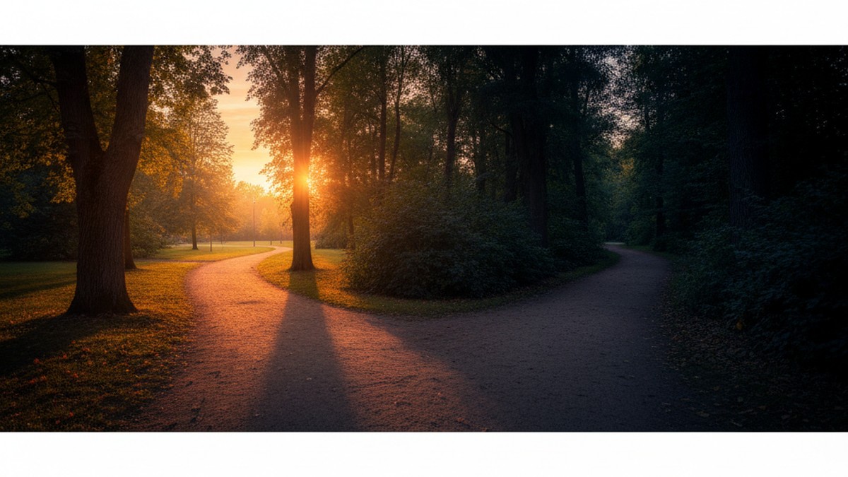 A fork in a park path at golden hour, symbolizing the decision point after hysterical bonding ends