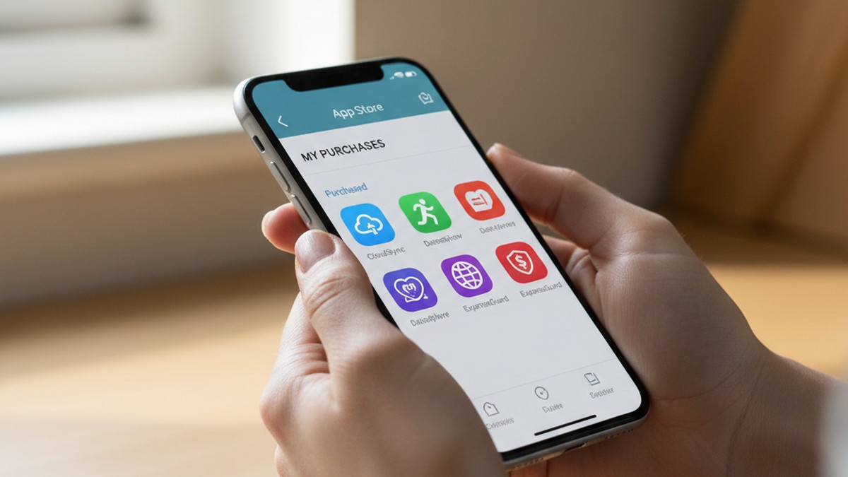 Hands examining App Store purchase history on iPhone to check downloaded app activity
