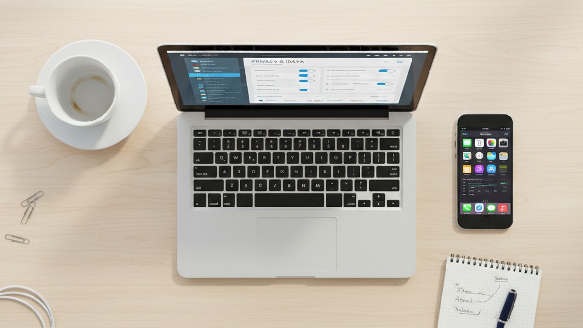 Overhead view of laptop and smartphone on desk used for systematic iCloud data investigation