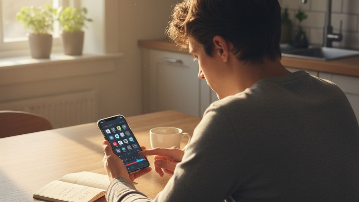 Person carefully reviewing their phone at kitchen table checking for deleted app evidence