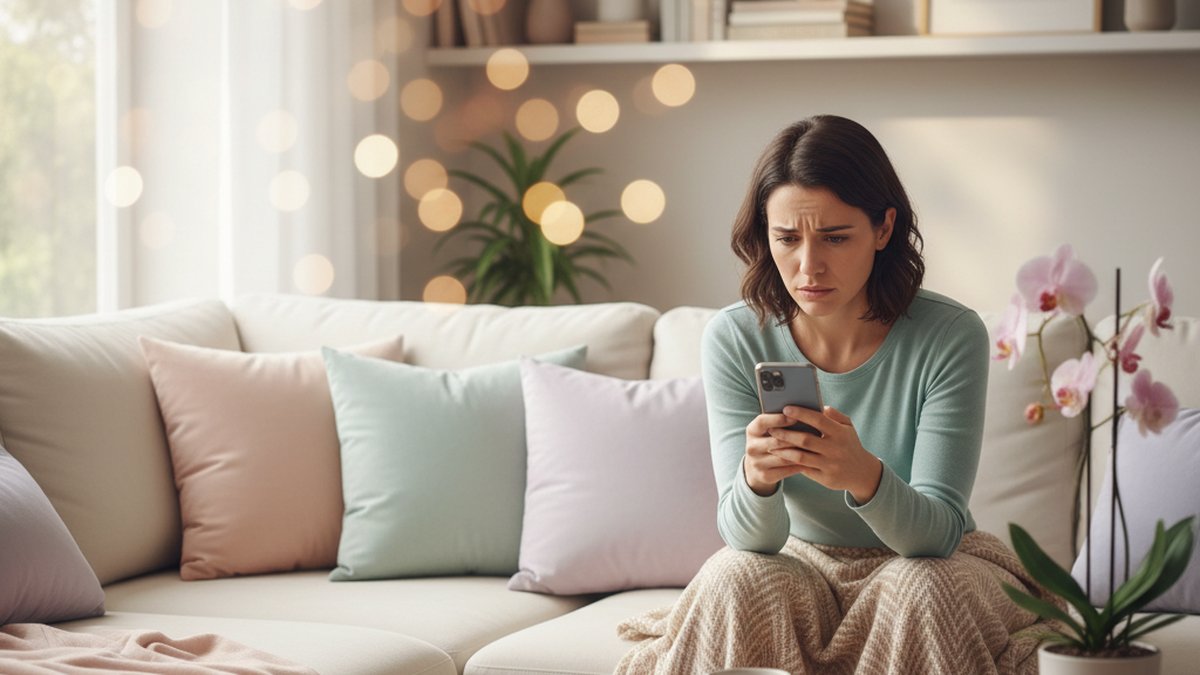 Person looking at phone with a worried expression