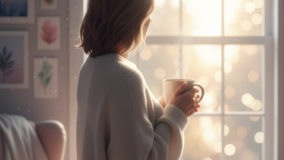 Person standing by window holding coffee mug, looking thoughtful