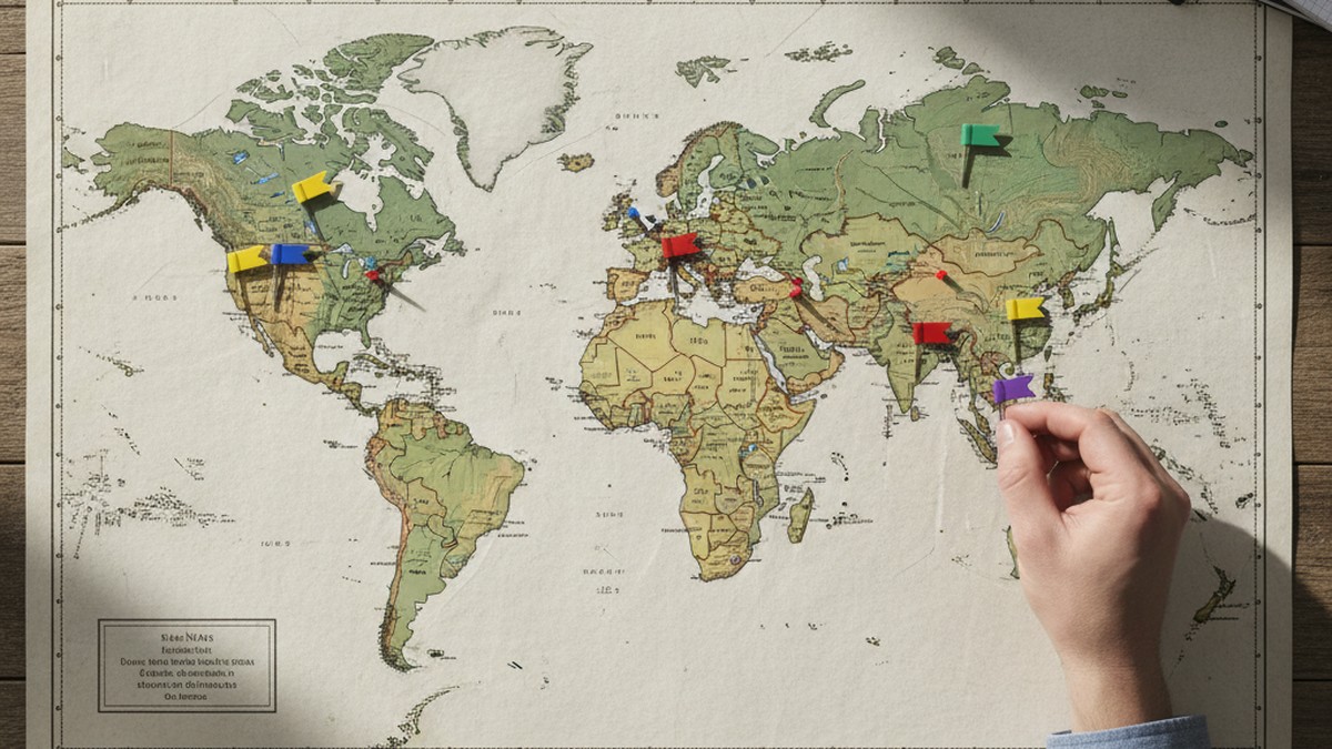 Overhead view of research papers with country data charts and a world map on a desk