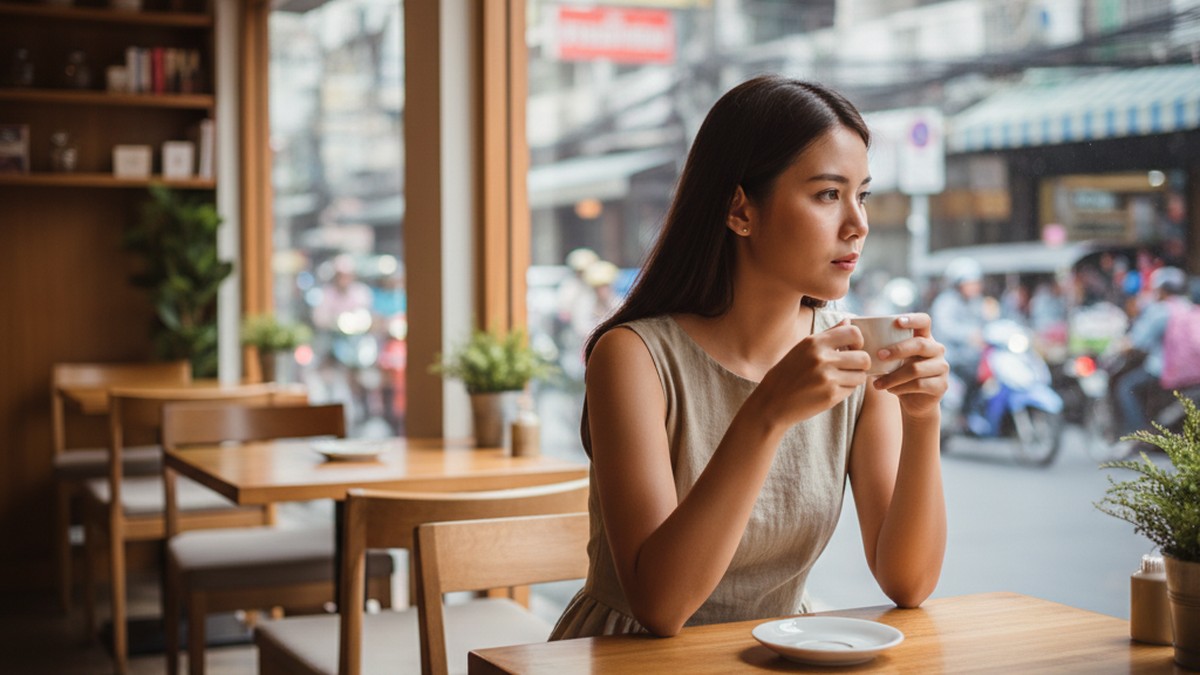 Thoughtful woman at a Bangkok cafe reflecting on relationship questions