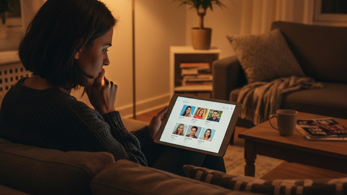 Person searching dating profiles on tablet to check for Ashley Madison activity