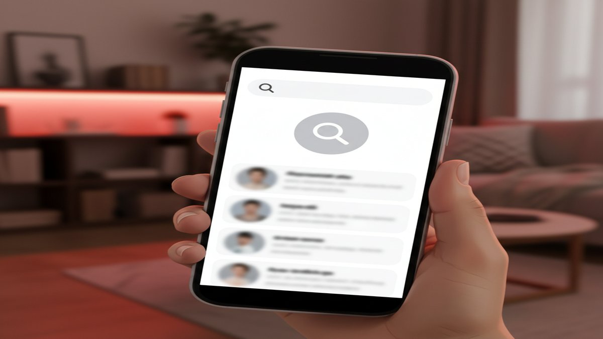 Smartphone showing dating profile search interface with results