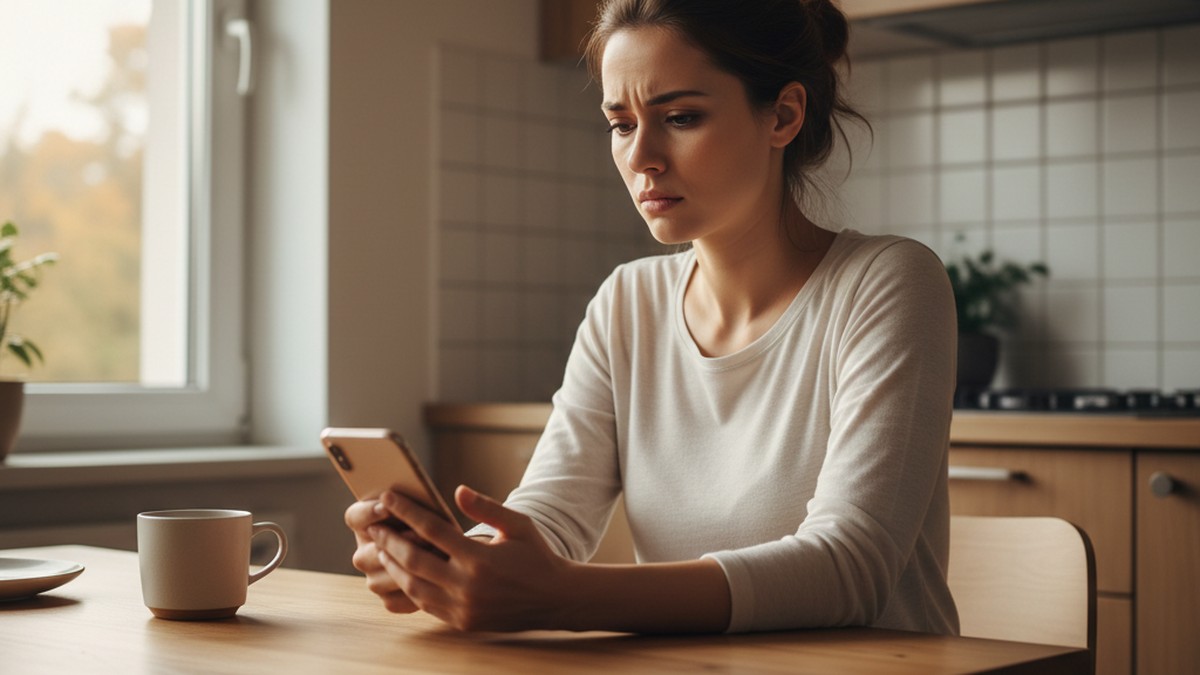 Woman sitting at kitchen table holding phone with conflicted expression, hesitating before checking it