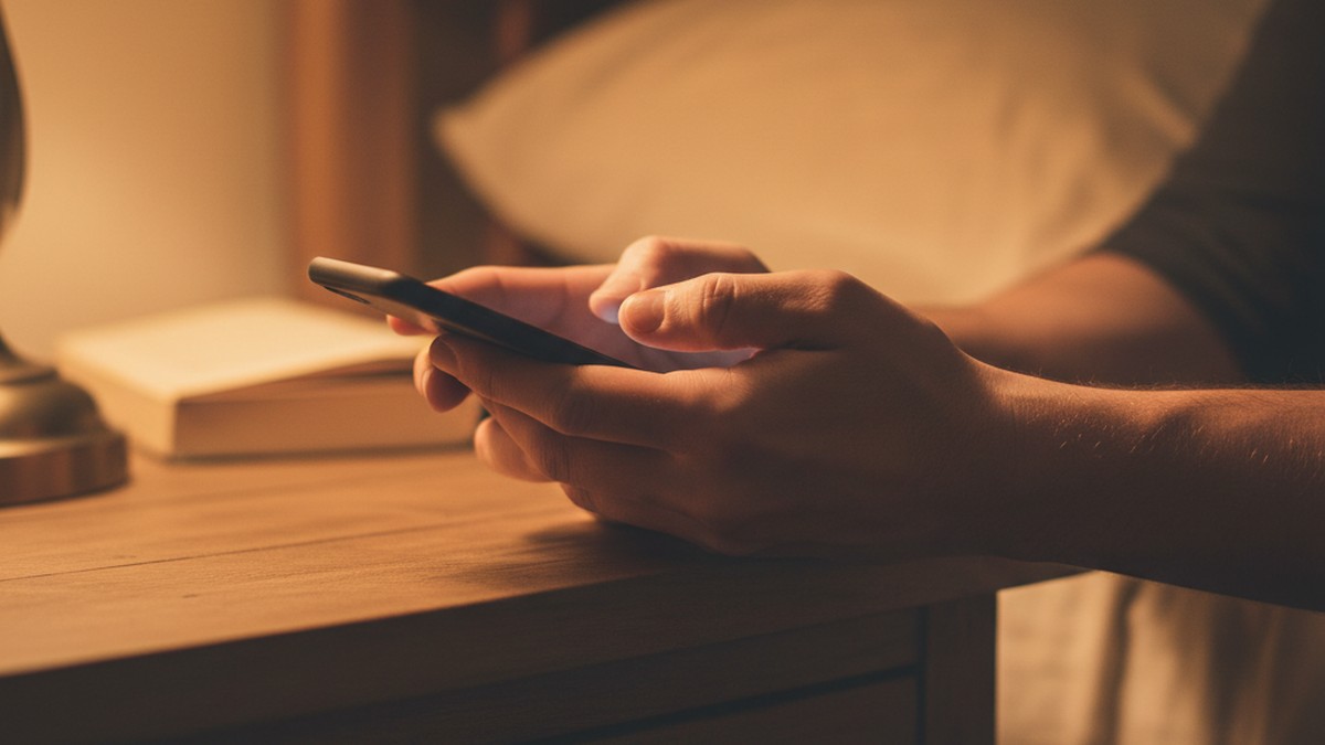 Close-up of hands holding a smartphone face-down on a nightstand, gripping the edges in hesitation