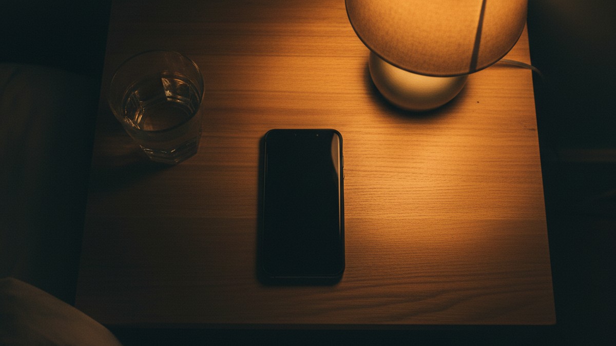 Smartphone face-down on nightstand representing phone secrecy and hidden online flirting