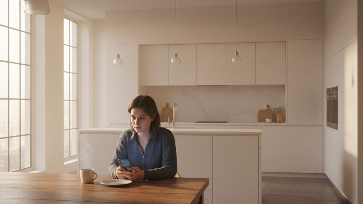 Person sitting alone checking phone in early morning, worried about partner flirting online