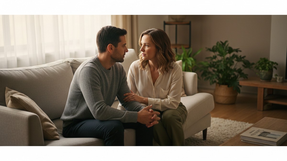 Couple having a calm, honest conversation about digital boundaries and relationship fidelity