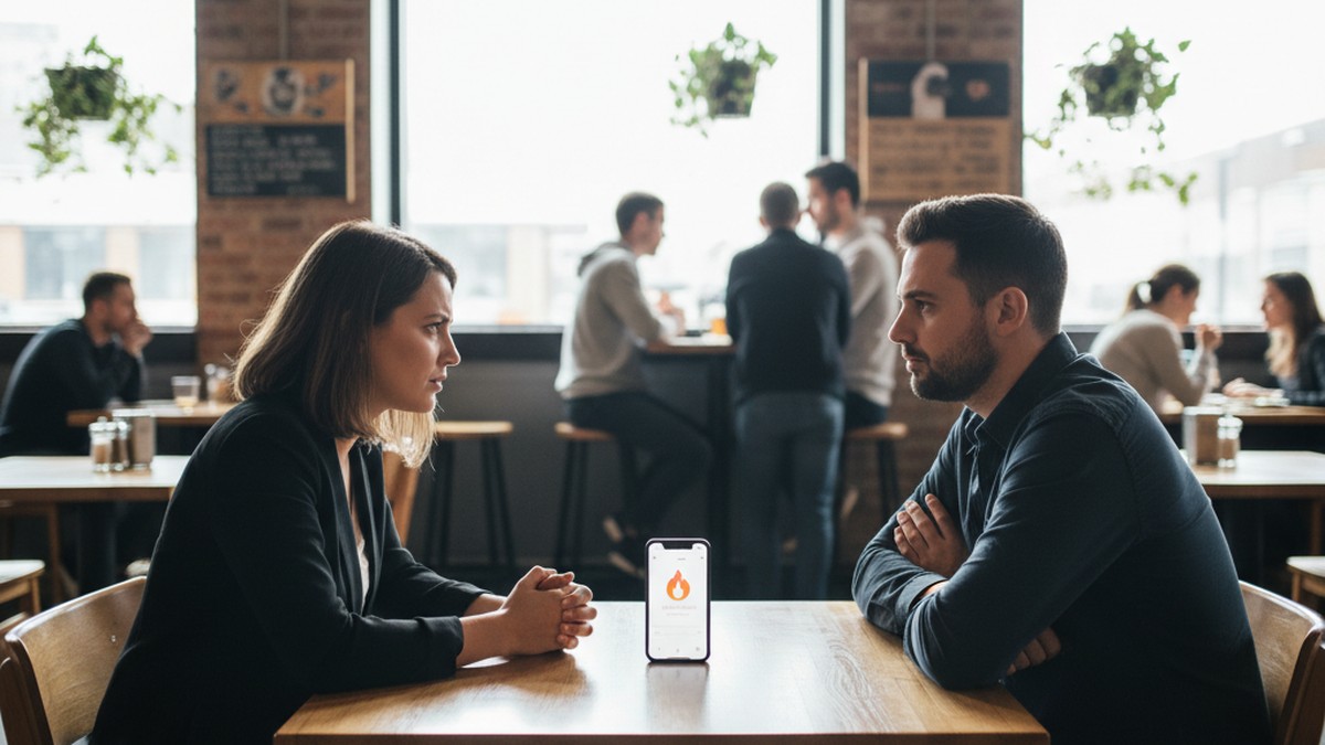 Couple having a tense conversation about relationship boundaries at a cafe