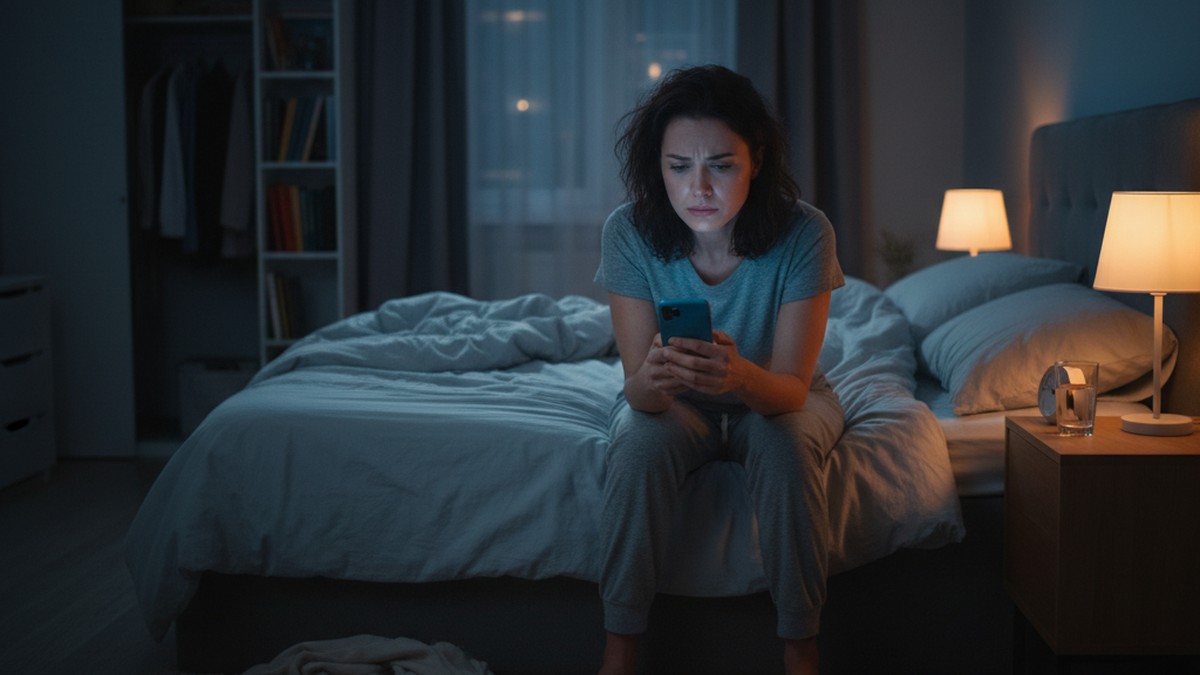 Person looking at phone at night, conflicted about discovering partner on Tinder