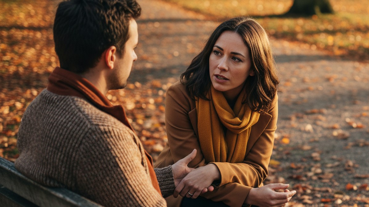 Couple having heart-to-heart conversation on park bench about dating app boundaries