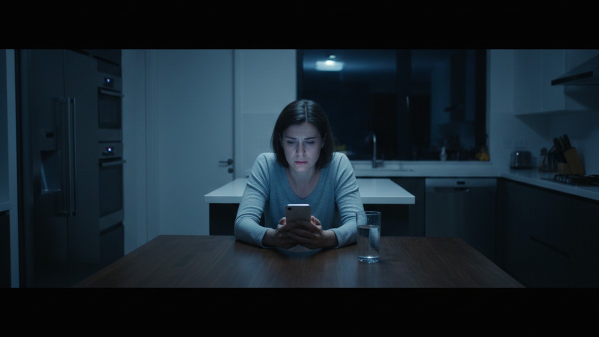 Person checking phone alone at night, anxious about relationship concerns