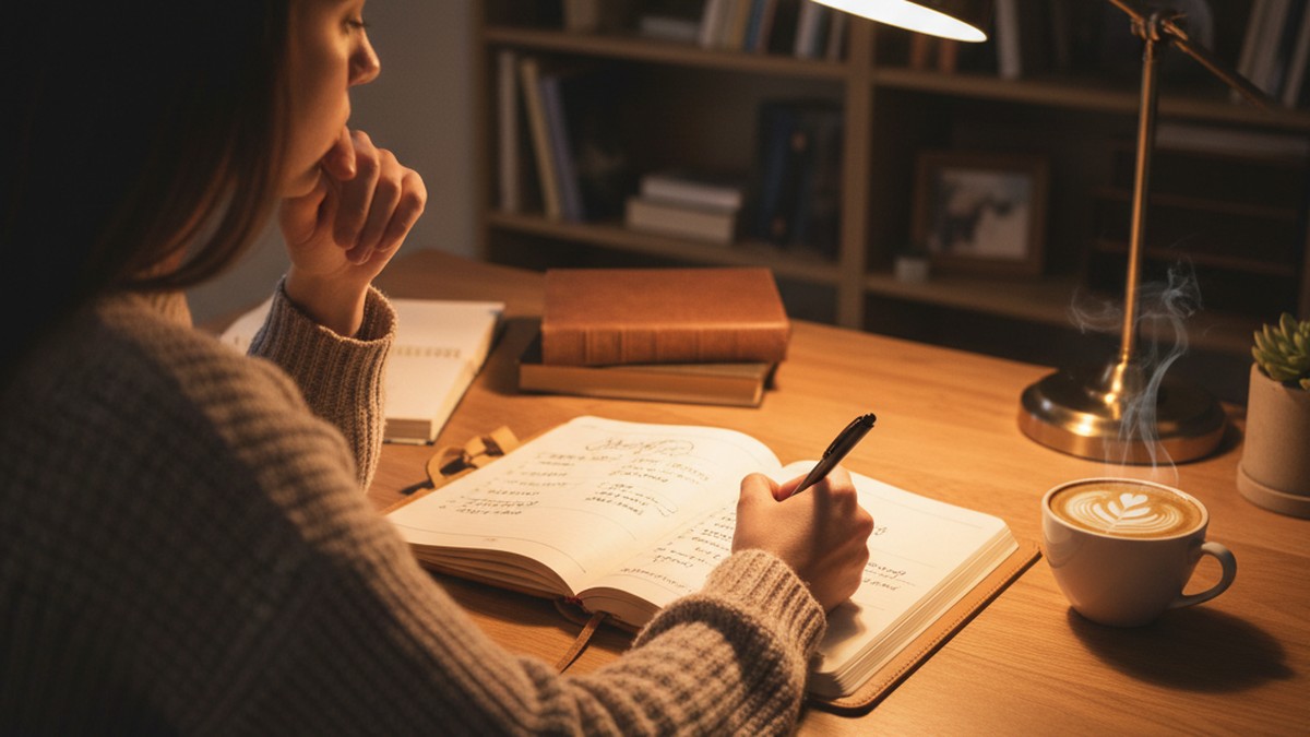 Person writing in journal at desk, working through a relationship decision framework