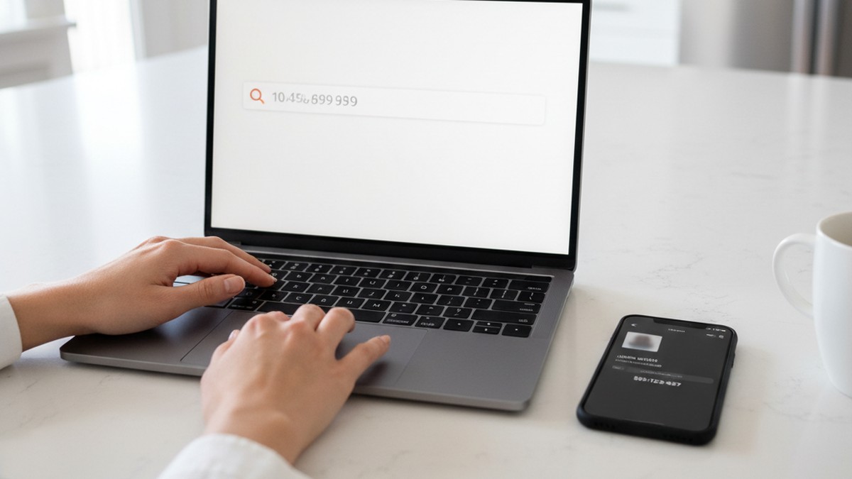 Woman typing a phone number into a search tool to check if her boyfriend is on Bumble