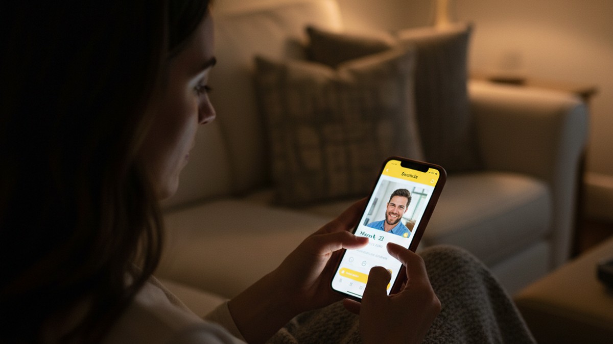 Over-the-shoulder view of a woman swiping through Bumble profiles using the decoy account method