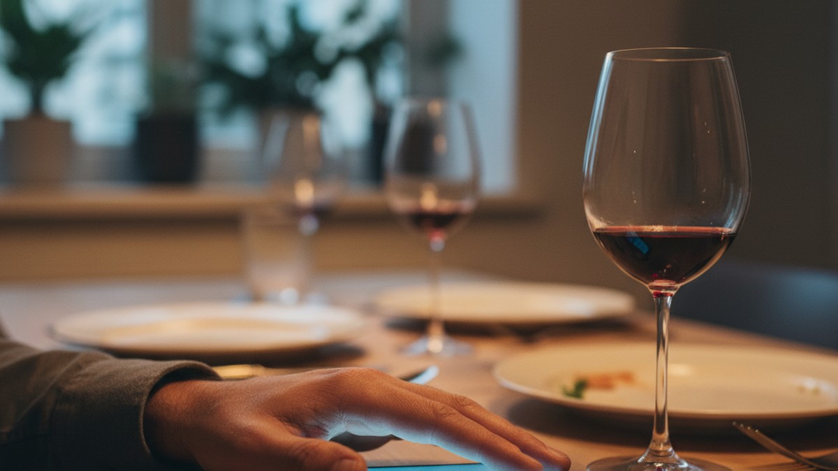 Man's hand resting over his face-down phone at dinner, a sign a boyfriend may still be on Bumble