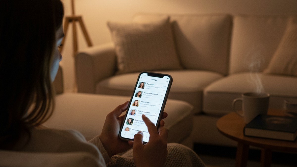 Woman browsing a Hinge discover feed on her phone at night checking if her boyfriend is on Hinge