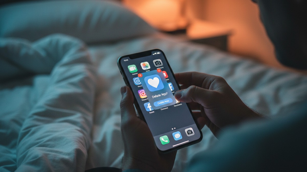 Man's hands deleting the Hinge app from his phone, which does not delete the profile