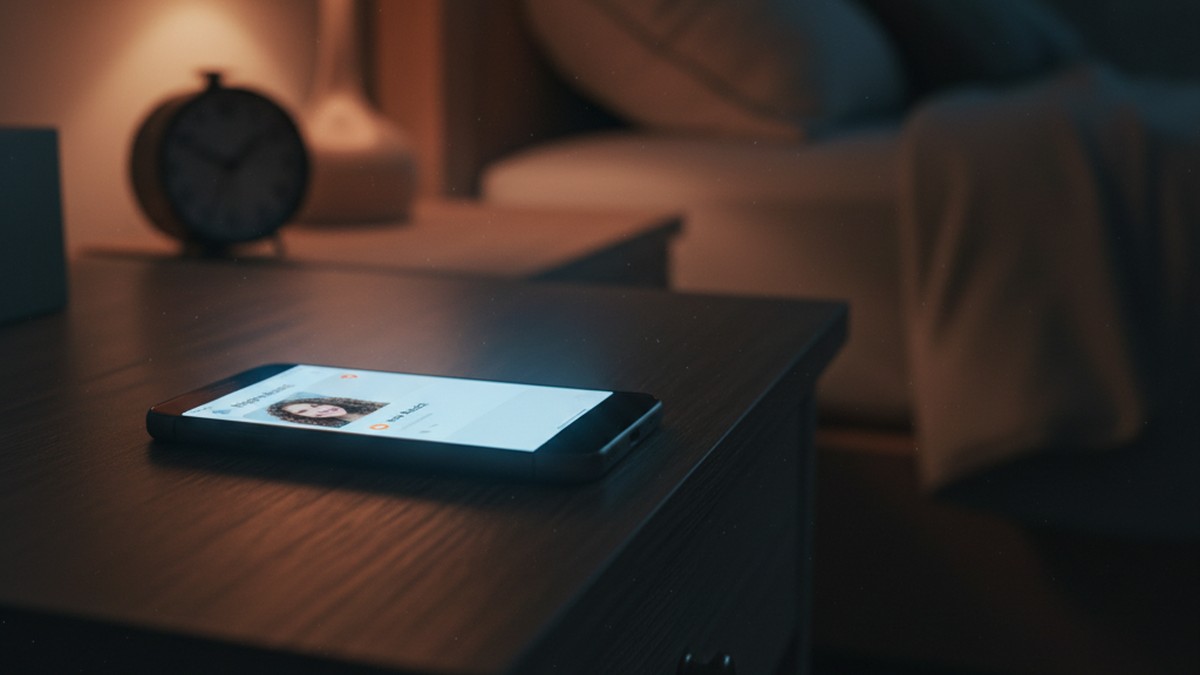 Phone lighting up with a dating app notification on a nightstand, a sign a boyfriend is back on Hinge