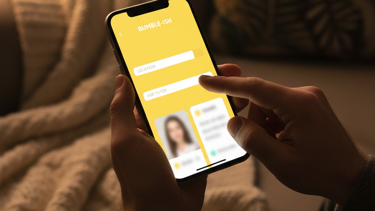 Man's hands setting up a decoy dating app account with location and age filters to find his girlfriend on Bumble