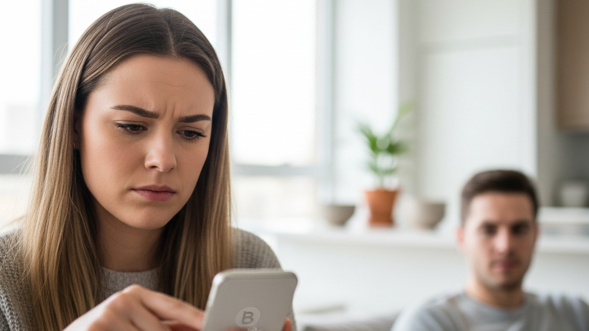 Girlfriend quickly dismissing a phone notification with a guarded look, a sign she may be on Bumble