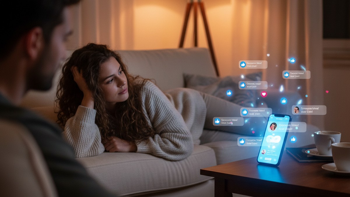 Girlfriend's phone lighting up with constant dating app like notifications, illustrating the 99+ Rule on Hinge