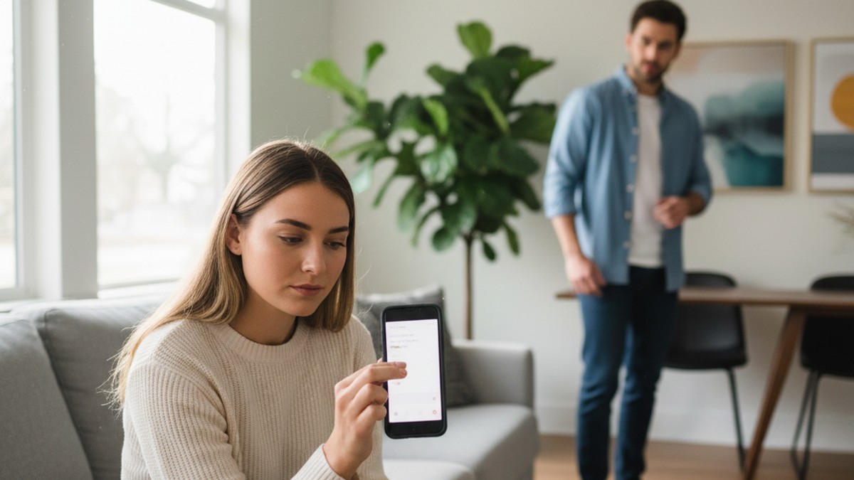 Woman angling her phone away and dismissing a notification, a sign your girlfriend may be on Hinge