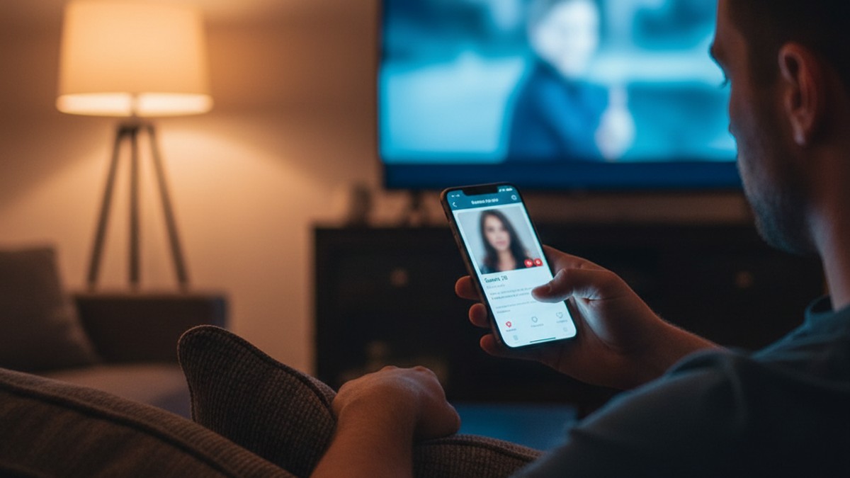 Man on a couch at night swiping through Tinder profiles on a second account to find his girlfriend