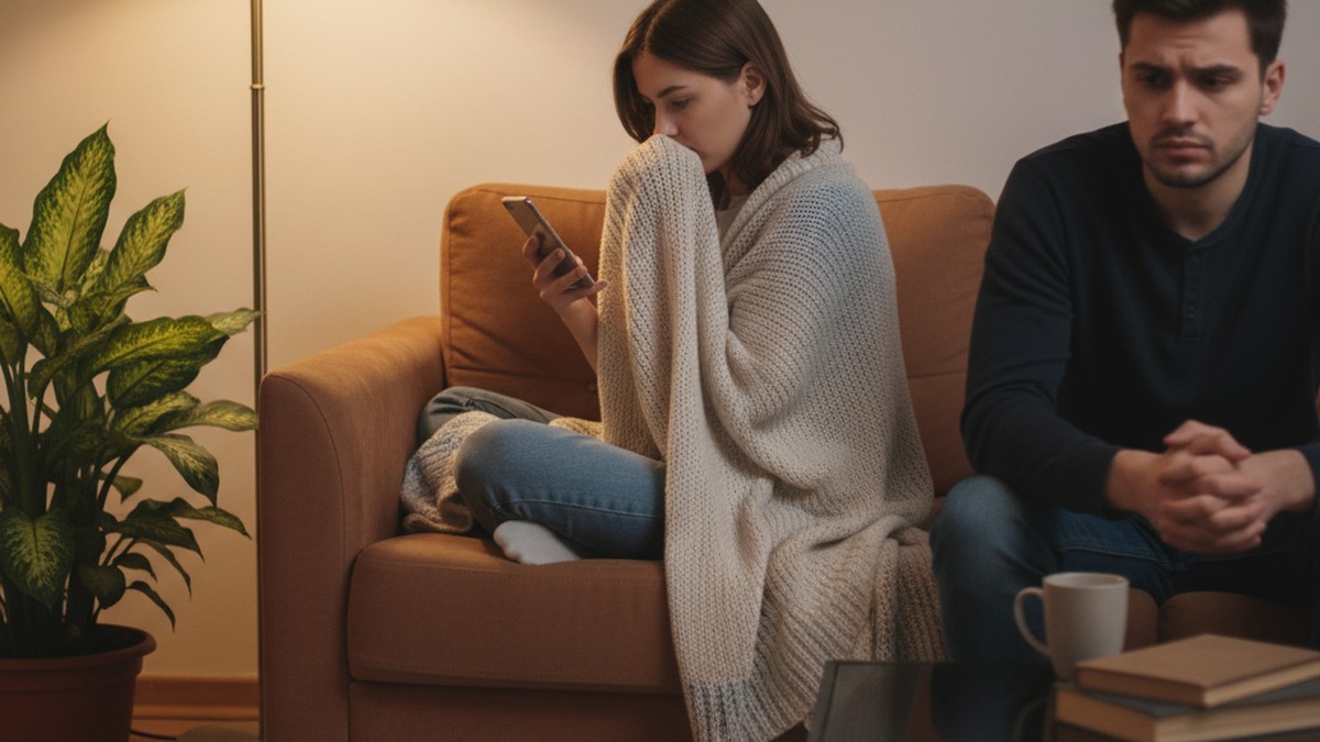 Girlfriend shielding her phone screen on the sofa while her boyfriend looks on, a behavioral sign she may be on Tinder