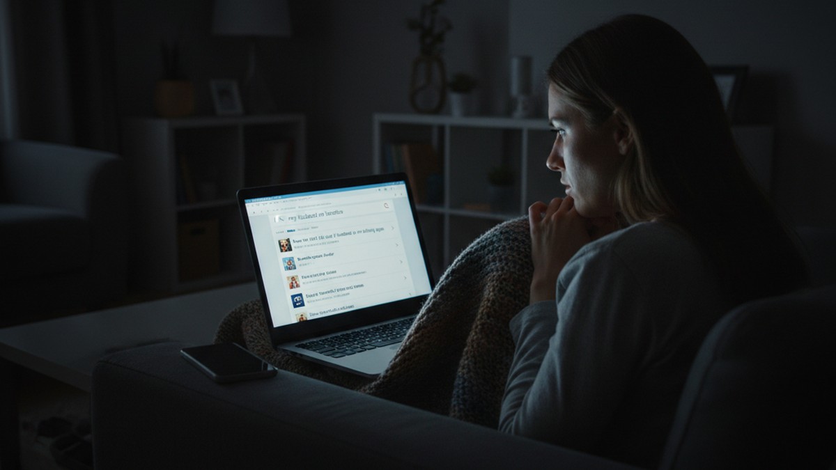Woman running a dating app scan on her laptop at night to check if her husband is on Bumble