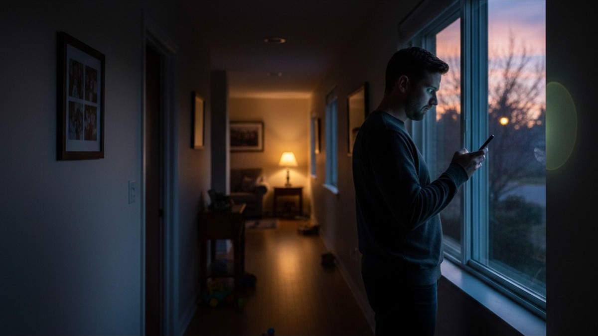 Husband secretly using his phone by a window at dusk, a sign he may be on Bumble