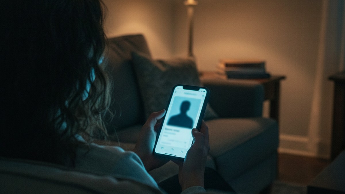 Woman browsing Hinge's algorithmic Discover feed on her phone, checking if her husband is on Hinge